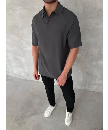 Yakalı Patlı Kısa Kol T-shirt - Antrasit