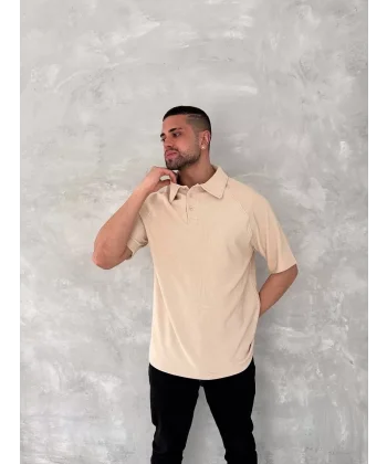 Yakalı Patlı Kısa Kol T-shirt - Bej