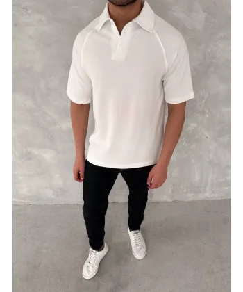 Yakalı Patlı Kısa Kol T-shirt - Beyaz