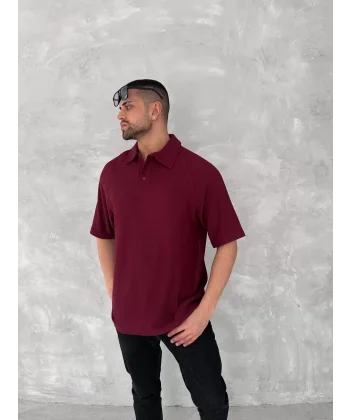 Yakalı Patlı Kısa Kol T-shirt - Bordo