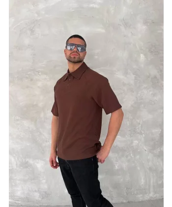 Yakalı Patlı Kısa Kol T-shirt - Kahverengi