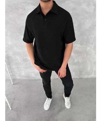 Yakalı Patlı Kısa Kol T-shirt - Siyah