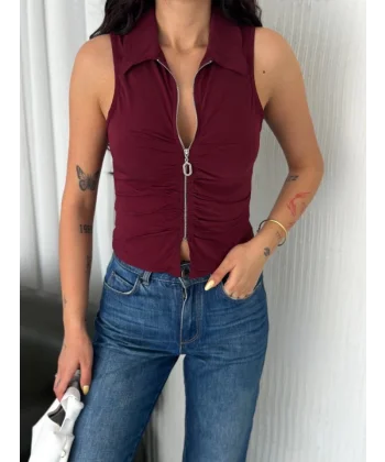 Yakalı Tam Fermuarlı Kolsuz Bluz - Bordo