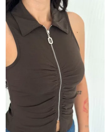 Yakalı Tam Fermuarlı Kolsuz Bluz - Kahverengi