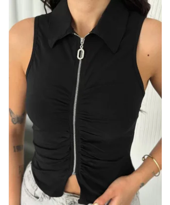 Yakalı Tam Fermuarlı Kolsuz Bluz - Siyah