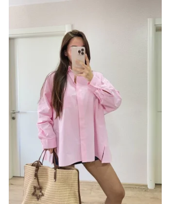 Yakalı Yandan Yırtmaçlı Gömlek - Pembe