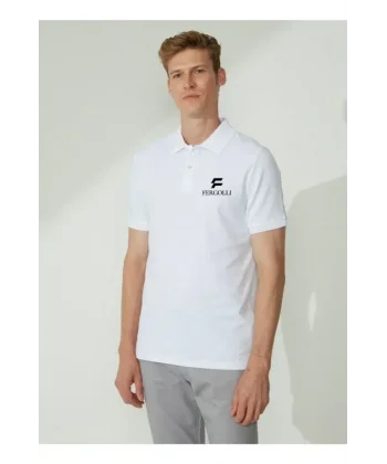 Yakası Düğmeli Yakalı Pike Baskılı T-Shirt - Beyaz