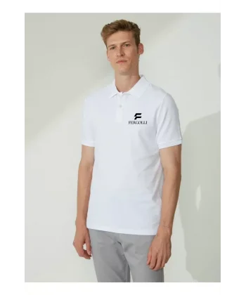 Yakası Düğmeli Yakalı Pike Baskılı T-Shirt - Beyaz