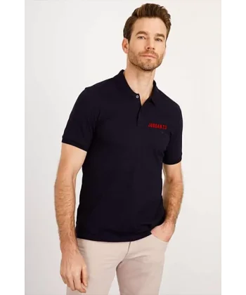 Yakası Düğmeli Yakalı Pike Baskılı T-Shirt - Beyaz