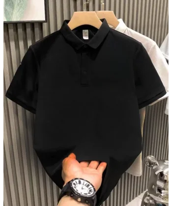 Yakası Düğmeli Yakalı Pike Düz T-Shirt - Siyah