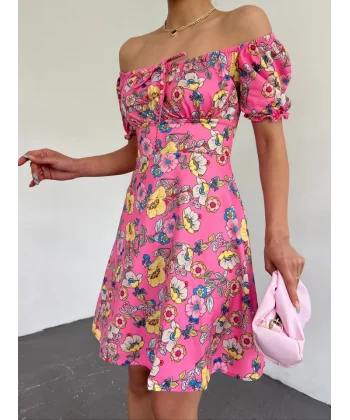 Yakası Lastikli Bağcık Detaylı Mini Elbise -Pembe