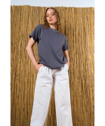 Yakası Taşlı Tshirt  Füme