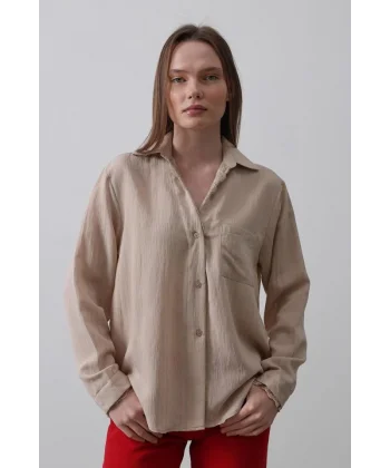 Yakası Ve Kolları Dantel Detaylı Gömlek - Bej