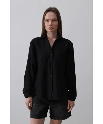 Yakası Ve Kolları Dantel Detaylı Gömlek - Siyah