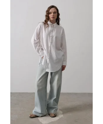 Yan Büzmeli Tunik Gömlek - Beyaz