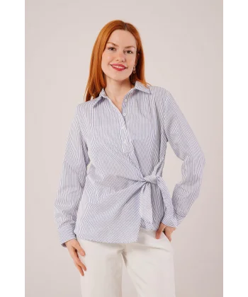 Yandan Bağlama Detaylı Çizgili Beyaz Gömlek