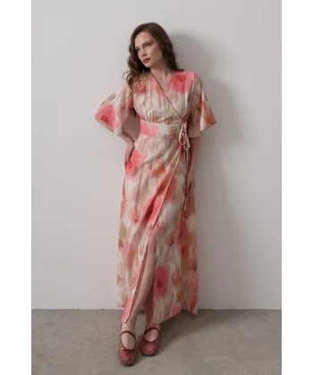 Yandan Bağlamalı Desenli Elbise - Pembe