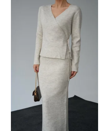 Yandan Bağlamalı Etekli Takım  Açık Bej