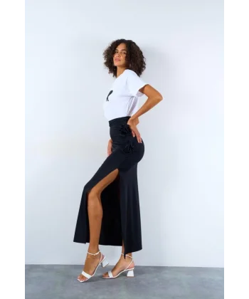 Yandan Büzgülü Güllü Etek  iyah