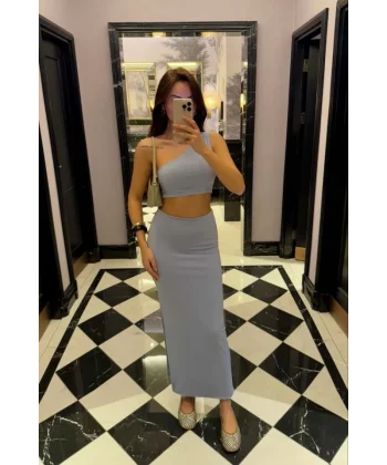 Yandan Yırtmaçlı Uzun Etek Asimetrik Crop İkili Takım - Bebek Mavisi