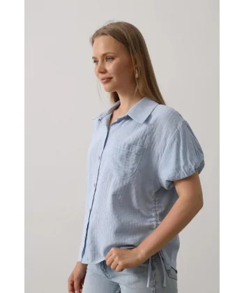 Yanlar Büzmeli Kısa Balon Kol Gömlek - Bebe Mavisi