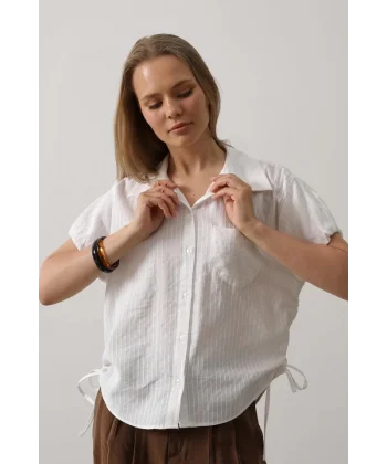 Yanlar Büzmeli Kısa Balon Kol Gömlek - Beyaz