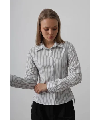 Yanları Büzgülü Çizgili Gömlek - 3 Çizgili Siyah-Beyaz