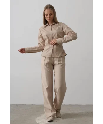 Yanları Büzgülü Çizgili Gömlek - Camel