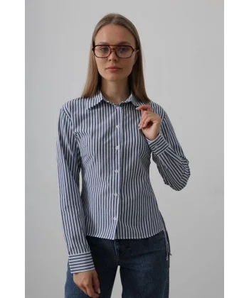 Yanları Büzgülü Çizgili Gömlek - Çizgili İndigo