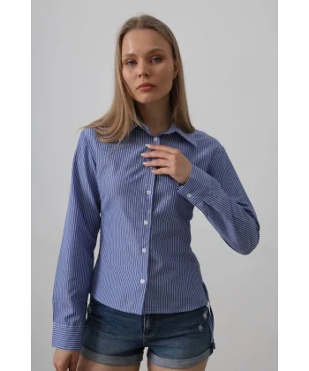 Yanları Büzgülü Çizgili Gömlek - Çizgili Mavi