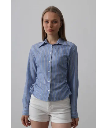 Yanları Büzgülü Çizgili Gömlek - İndigo - Beyaz