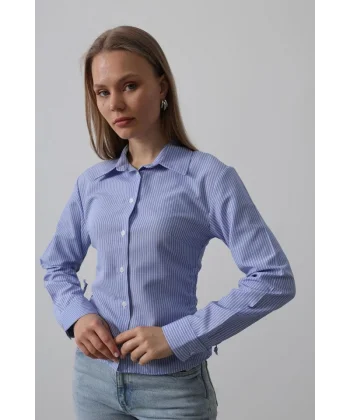 Yanları Büzgülü Çizgili Gömlek - Mavi