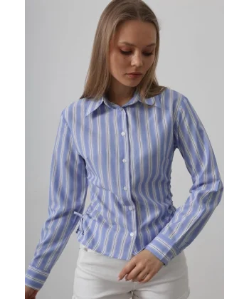 Yanları Büzgülü Çizgili Gömlek - Mavi-Beyaz