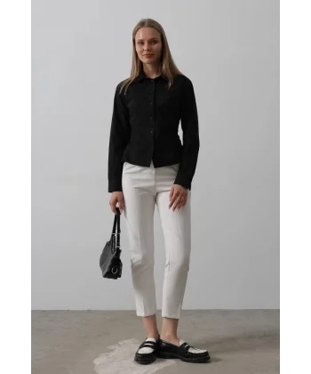 Yanları Büzgülü Çizgili Gömlek - Siyah