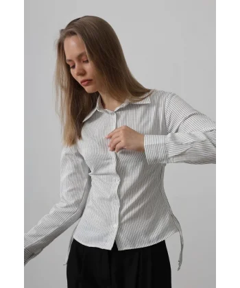 Yanları Büzgülü Çizgili Gömlek - Siyah-Beyaz