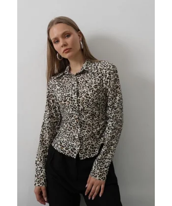 Yanları Büzgülü Leopar Gömlek - Leopar