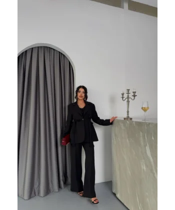 YANLARI KUŞAK DETAYLI CEKET -YELEK - PANTOLON TAKIM - Siyah