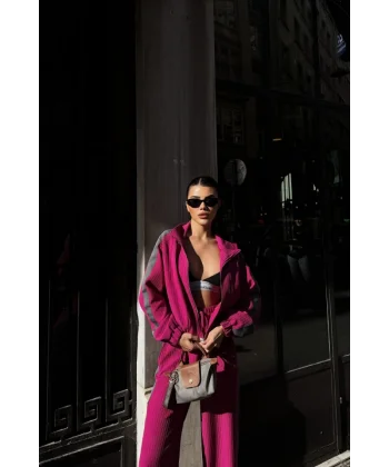 YANLARI ŞERİT DETAYLI OTTOMAN KAPİŞONLU EŞOFMAN TAKIM - Fuşya