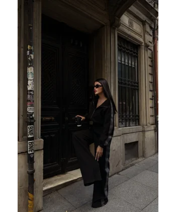 YANLARI ŞERİT DETAYLI OTTOMAN KAPİŞONLU EŞOFMAN TAKIM - Siyah