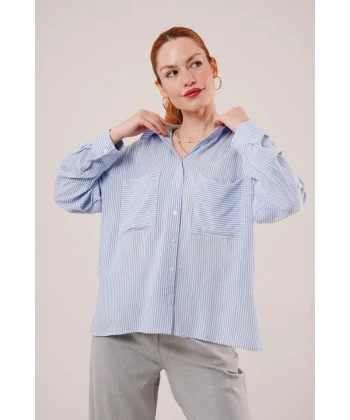 Yarasa Kol Çizgili Cep Detaylı avi Gömlek
