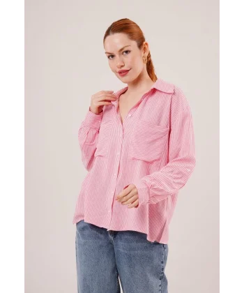 Yarasa Kol Çizgili Cep Detaylı Pembe Gömlek
