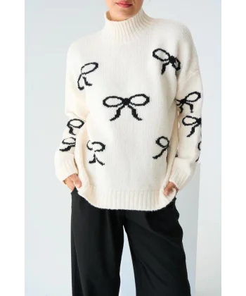 Yarım Balıkçı Triko Kazak  KremSiyah