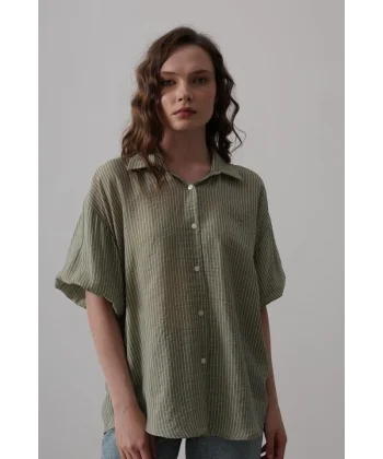 Yarım Balon Kol Çizgili Gömlek - Haki