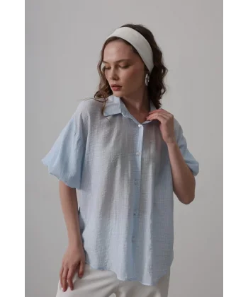 Yarım Balon Kol Çizgili Gömlek - Mavi