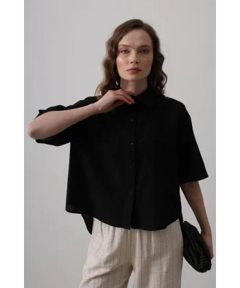 Yarım Balon Kol Çizgili Gömlek - Siyah