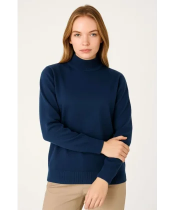 Yarım Boğaz Triko Kazak Yumuşak Dokulu Pamuklu Ince Dokuma, Uzun Kollu Rahat Regular Kalıp - Lacivert