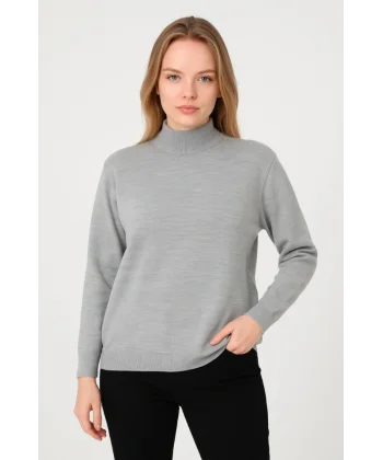 Yarım Boğaz Triko Kazak Yumuşak Dokulu Pamuklu Ince Dokuma, Uzun Kollu Rahat Regular Kalıp - Gri