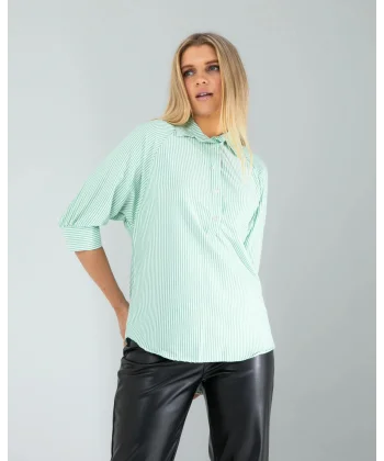 Yarım Düğme Yeşil Çizgili Beyaz Gömlek