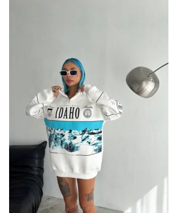 Yarım Fermuarlı Oversize Baskılı weathirt  Beyaz