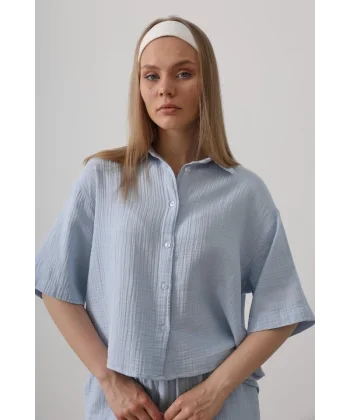 Yarım Kol Müslin Gömlek - Bebe Mavisi
